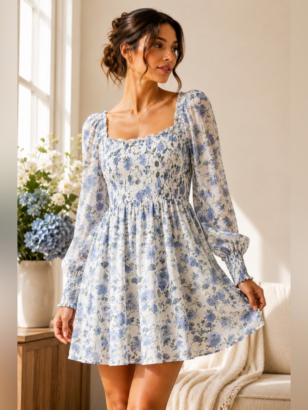 Hill House Home Grace Mini Nap Dress Women’s Large Blue Floral Smocked
